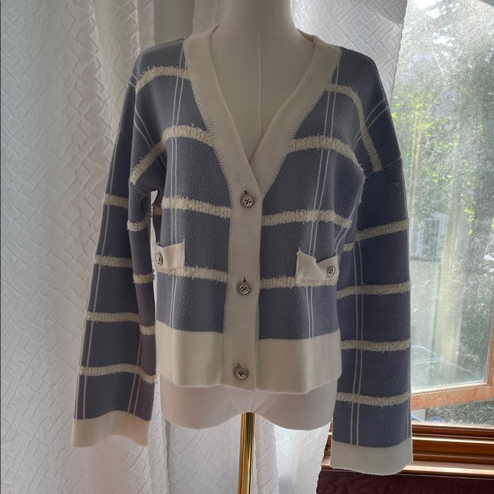 MABLE Sweater Nautical Striped Blue and White Cardigan Silver Medium Oversized - Picture 2 of 9